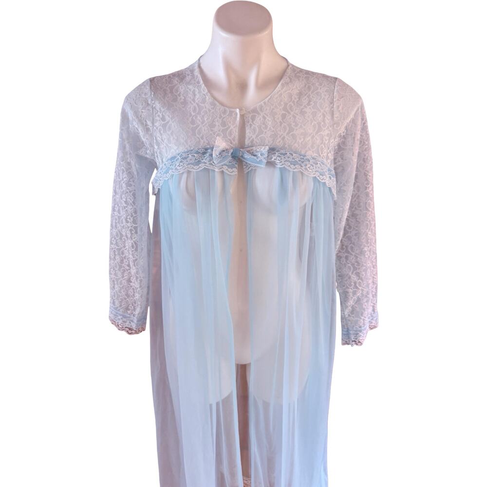 Vintage Miss Elaine 1960s Baby Blue Chiffon Peignoir Robe Lace Sleeves Medium - Picture 2 of 12